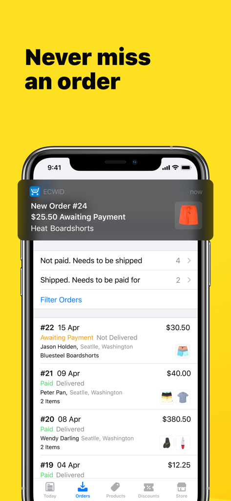 Ecwid Ecommerce - Un smartphone montrant une notification de nouvelle commande et une liste de gestion des commandes dans l'application Ecwid Ecommerce.