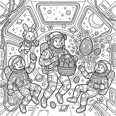Embark on an intergalactic Easter adventure with this delightful coloring page featuring cheerful astronauts. Join them as they celebrate among floating eggs, spring blossoms, and even a space-suited bunny.