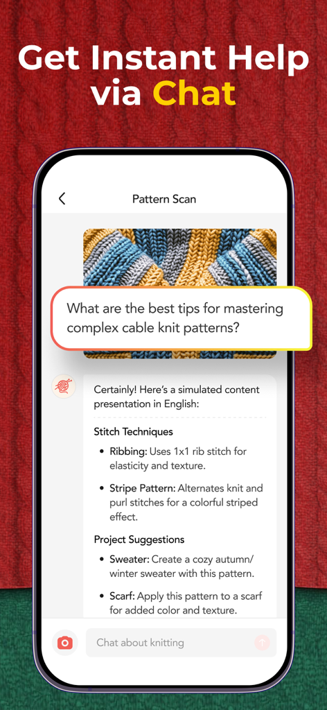 YarnPal - Crochet & Knitting - Capture d'écran de l'application YarnPal montrant une interface de chat IA fournissant des conseils de tricot et des techniques de points pour des patrons complexes