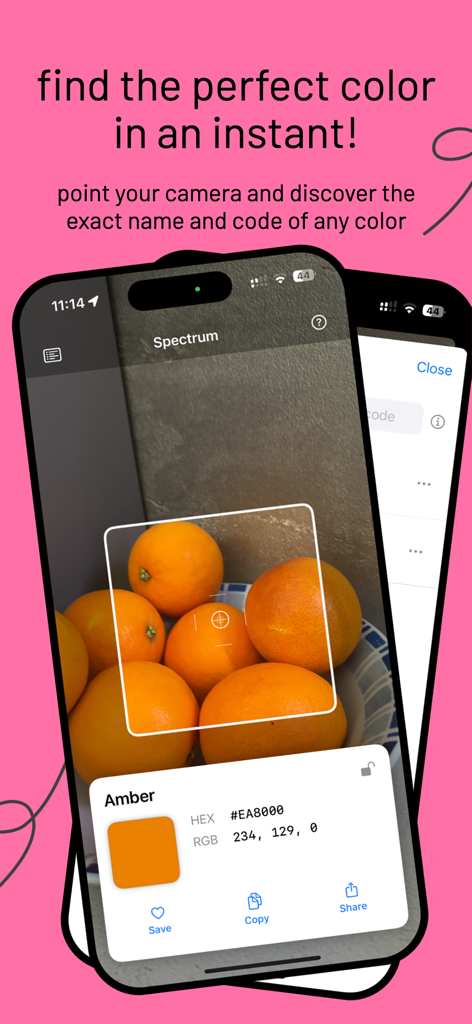 Die Spectrum-App erkennt die Farbe Bernstein und den Hex-Code von echten Orangen mithilfe der Kamera.