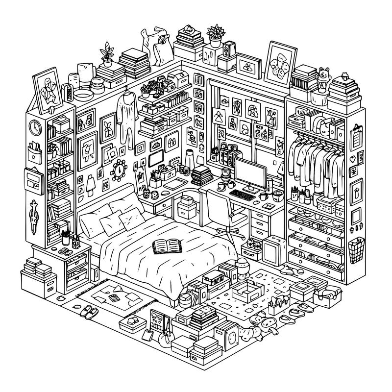 a bedroom with a lot of stuff in it but the bedroom is clean but still with a lot of stuff.