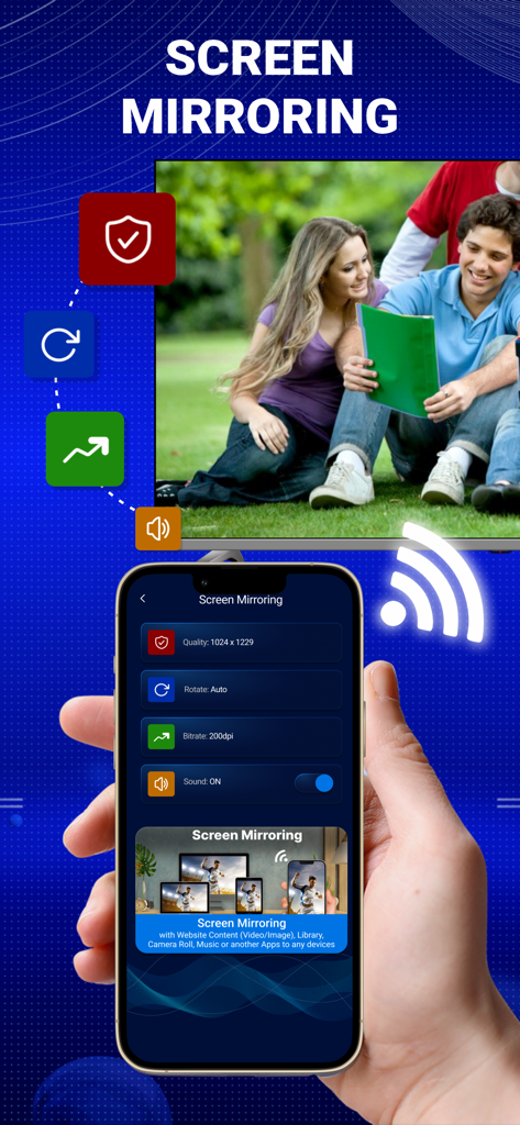 AirPlay Mirroring - AirPlayミラーリングアプリを使用して、iPhone画面をスマートTVに写真ミラーリングしている様子。
