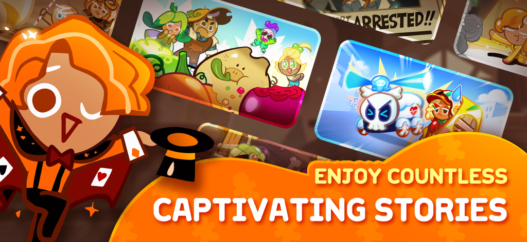 CookieRun: OvenBreak - A magician cookie character presenting the captivating stories feature of CookieRun OvenBreak.