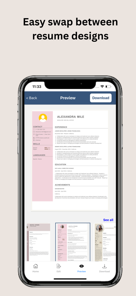 Uma tela de aplicativo móvel mostrando uma prévia de currículo profissional com opções para alternar entre diferentes designs.
