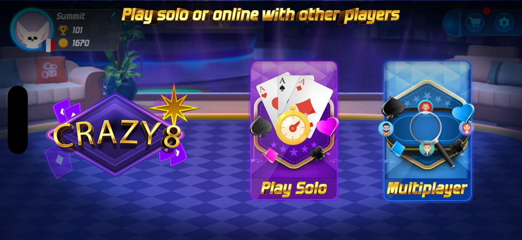 Crazy 8 Online - Main menu of Crazy 8 Online card game featuring solo and multiplayer modes