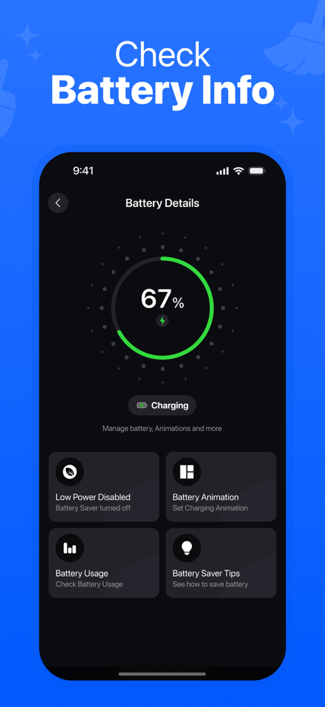 Cleaner for iPhone: Auto Clean - Una captura de pantalla de la pantalla de información de la batería en la aplicación Cleaner for iPhone que muestra un 67 por ciento de carga y consejos para ahorrar batería.