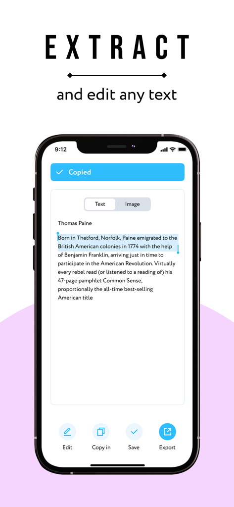 Pantalla del iPhone mostrando la aplicación eScan extrayendo y editando texto de un documento escaneado usando OCR.