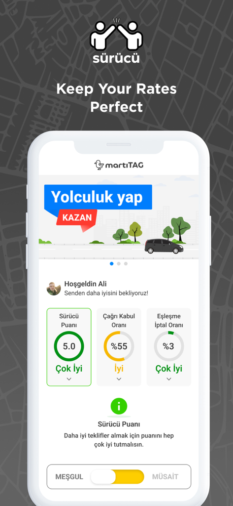 Mobile app interface of TAG Sürücü showing driver ratings call acceptance rate and availability status