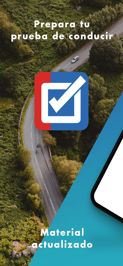 Splash screen for PracticaTest driving exam preparation app with a winding forest road background