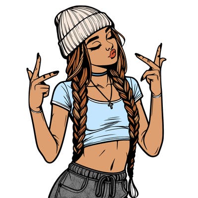 realistic teenage girl with braids and a beanie and crop top doing 🫶🏼