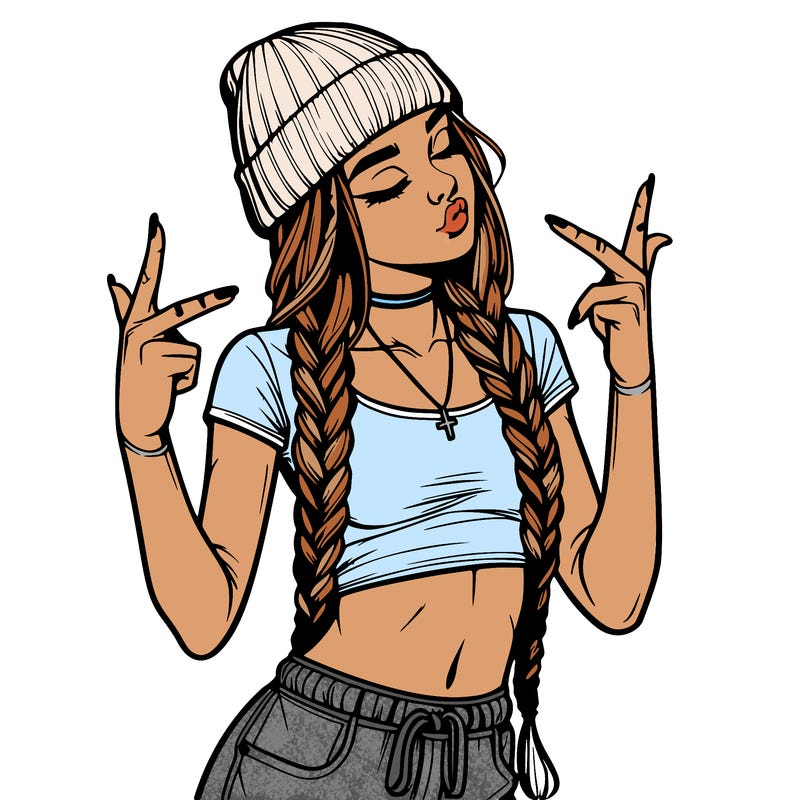 realistic teenage girl with braids and a beanie and crop top doing 🫶🏼