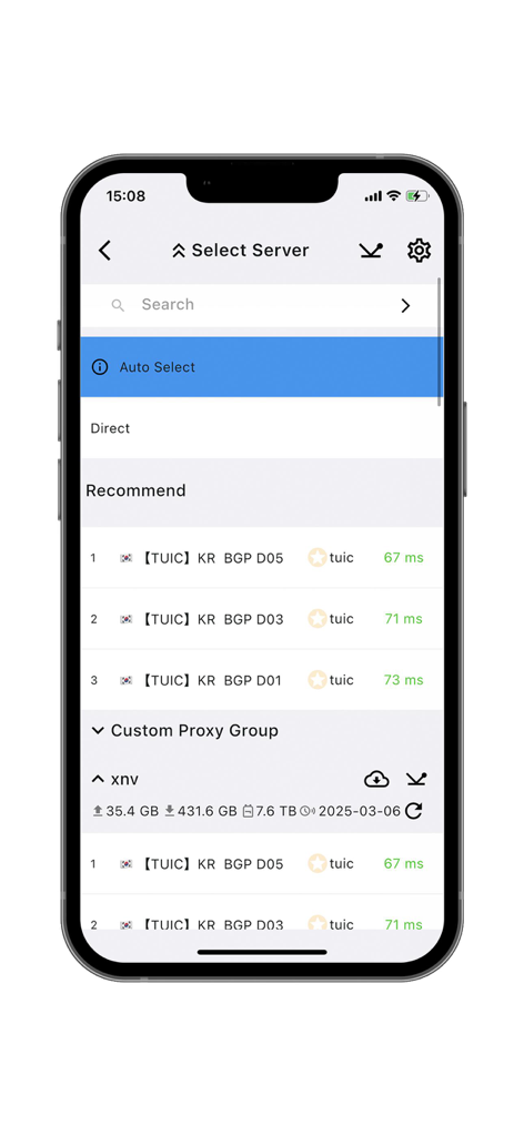Karing - Pantalla de la aplicación Karing que muestra servidores recomendados con latencia y grupos de proxies personalizados