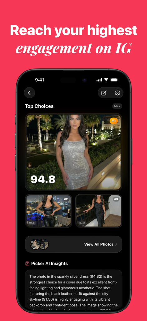 Picker AI - Best Photo Picker - Interfaz de la aplicación Picker AI que muestra clasificaciones de fotos e información de engagement para Instagram.