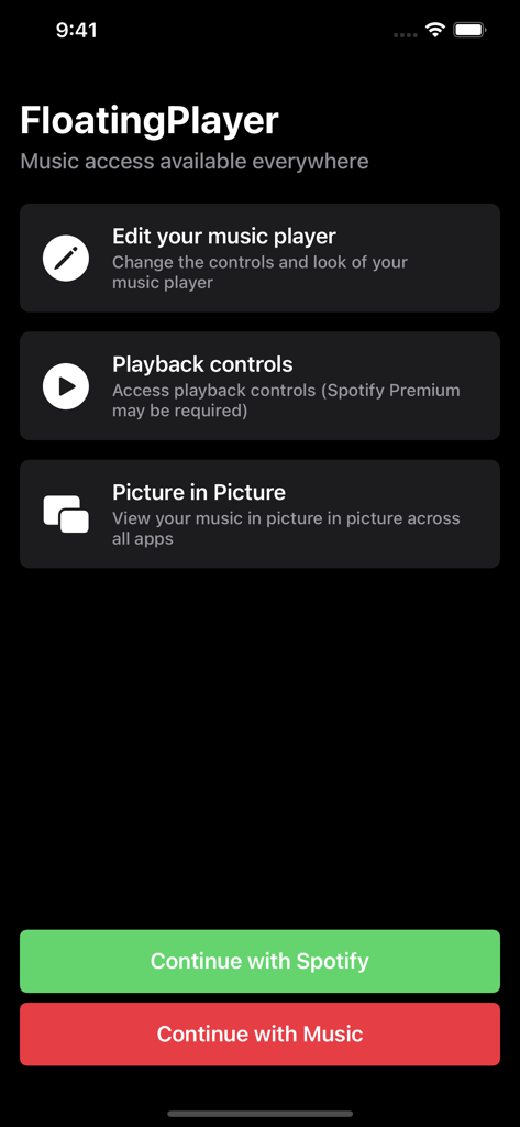 FloatingPlayer: Music Player - Welcome screen of FloatingPlayer app showing Picture in Picture features and Spotify and Apple Music connection buttons