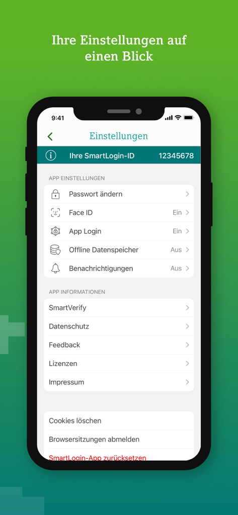 DATEV SmartLogin - Écran des paramètres de l'application DATEV SmartLogin affichant les options de sécurité telles que Face ID et la connexion à l'application