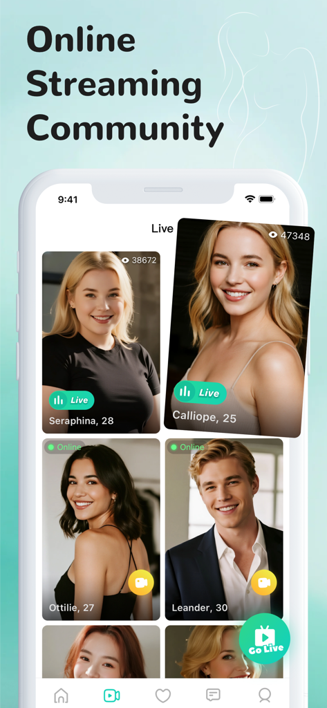 VPlus app interface showing a live streaming community with user profiles for video chat and dating