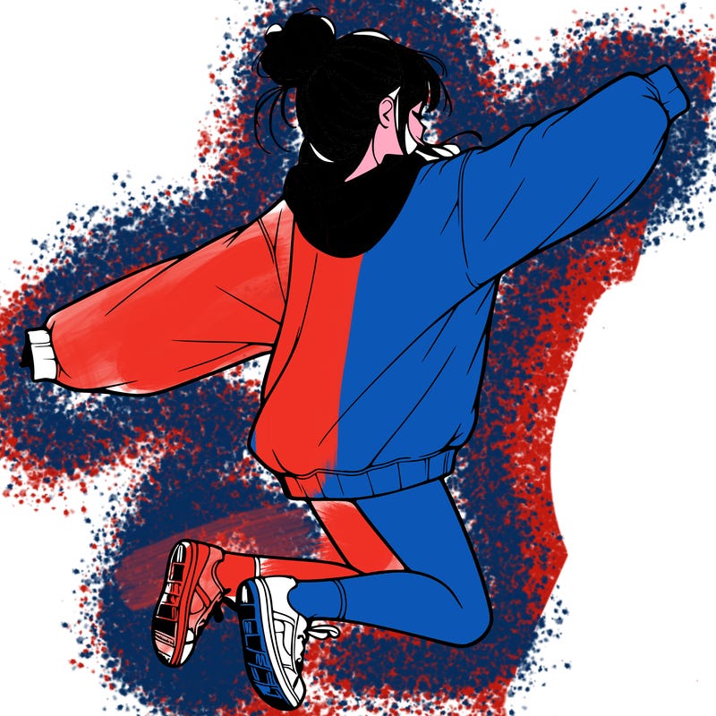 realistic girl jumping with a bun and oversized sweatshirt