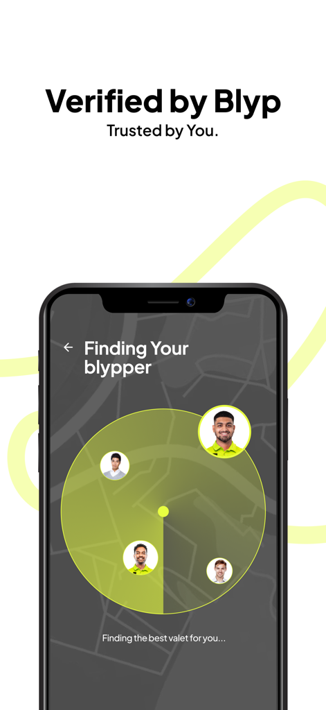Blyp-App - Blypアプリのモバイル画面。ユーザーの最寄りの確認済みバレーパーキングを探しているレーダーマップが表示されています。