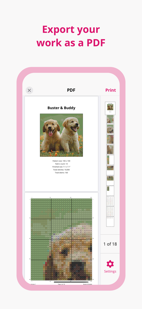 Stitchly app interface showing a cross stitch pattern preview for PDF export
