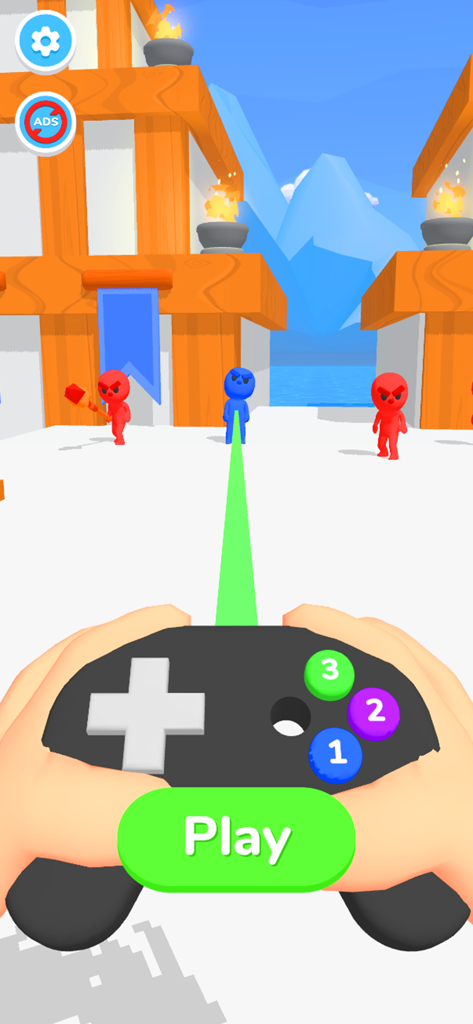 마인드 컨트롤러 게임 플레이 스크린샷으로 플레이어가 컨트롤러를 사용하여 녹색 빔으로 적을 타겟팅하는 모습