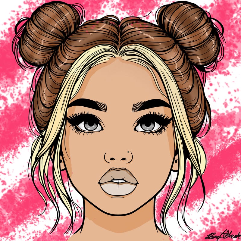 realistic girl with two buns on her hair and lips