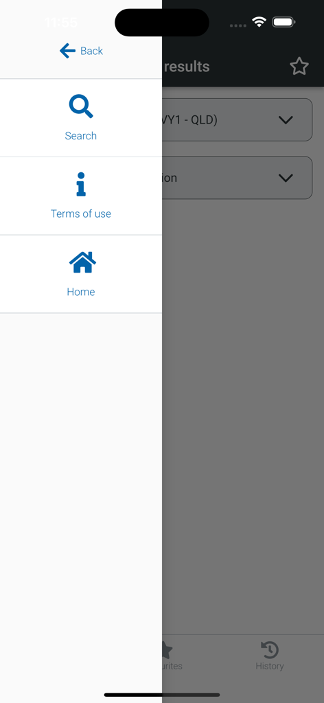 A side navigation menu within the NHVR Registration Checker app featuring Search, Terms of use, and Home options with blue icons.