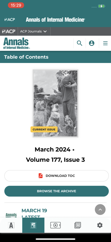 Table of contents view in the Annals of Internal Medicine mobile app showing the March 2024 issue