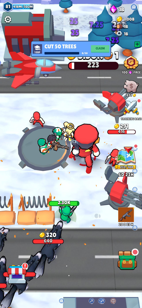 Stickman of Wars: RPG Shooters - Stickman of Wars gameplay showing stickman soldiers in a battle at a military base