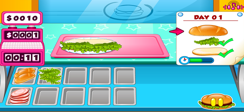 Go Fast Cooking Sandwiches - Gameplay screen of Go Fast Cooking Sandwiches showing a sandwich being prepared on a pink tray with ingredient trays and an order list.