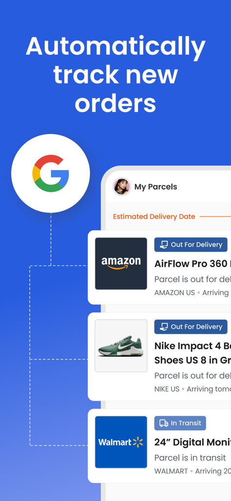 Parcel Monitor Track - Parcel Monitor app interface showing automatic order tracking from multiple retailers like Amazon and Walmart via Google integration.