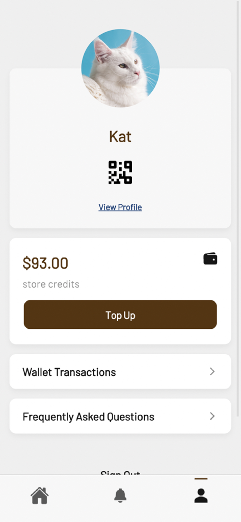 User profile screen of the Timbre app displaying a store credit balance of ninety-three dollars and a personal QR code.