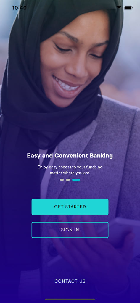 Lotus Bank App - Lotus Bank App welcome screen with a smiling woman in a hijab and login buttons