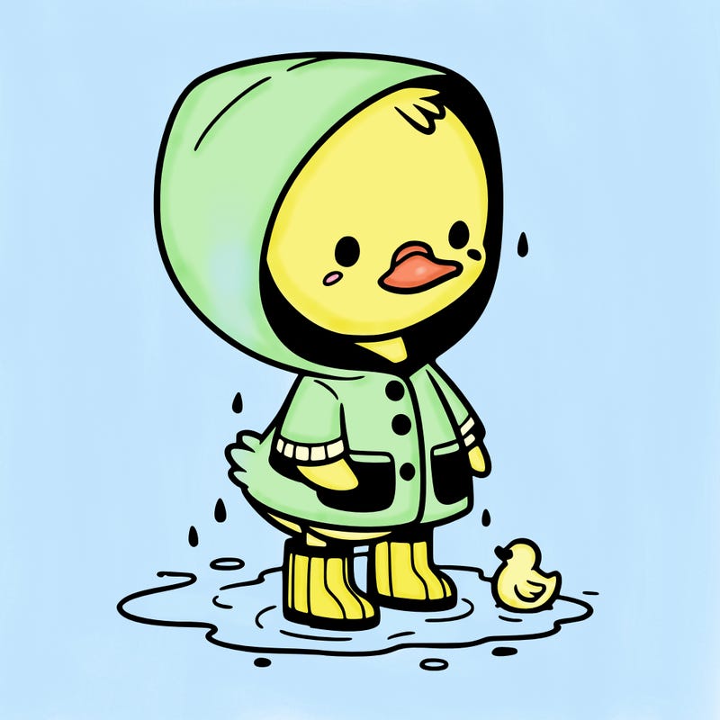 baby duck in a rain coat and boots, in a puddle while it’s raining