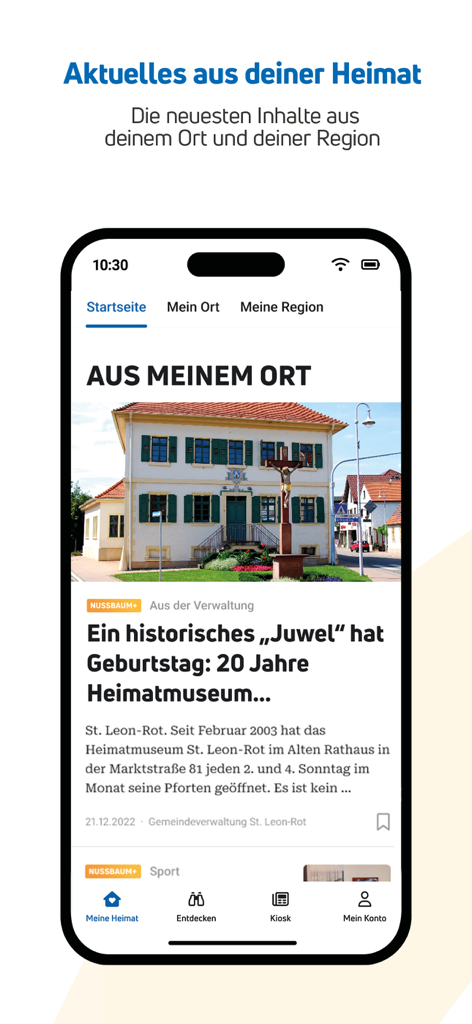 NUSSBAUM - NUSSBAUM mobile app displaying hyper-local news articles and community updates