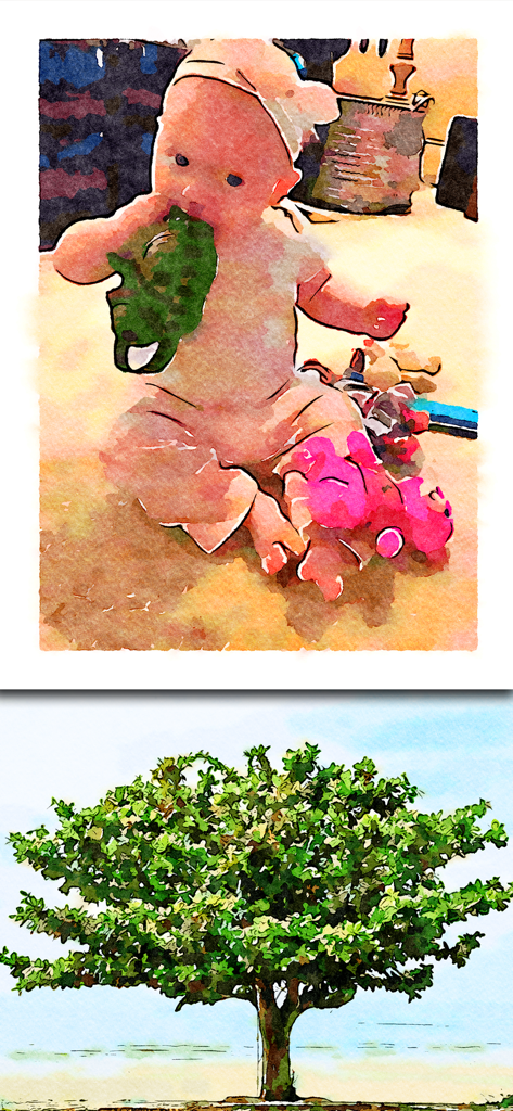 Peintures aquarelles d'un bébé jouant avec un jouet et d'un arbre vert solitaire créées à partir de photos.