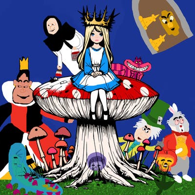 realistic girl sitting on a huge tree stump size toadstool with thorn crown