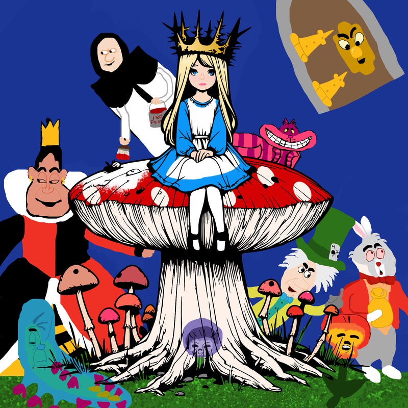 realistic girl sitting on a huge tree stump size toadstool with thorn crown