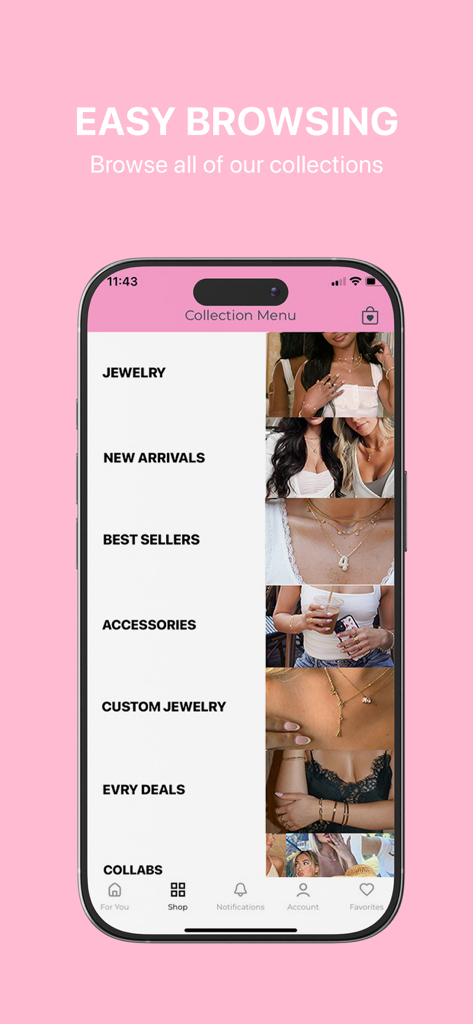 Uno screenshot di un'app mobile che mostra il menu delle collezioni di Evry Jewels con categorie come gioielli, nuovi arrivi e bestseller, insieme a foto di accessori di moda di tendenza.