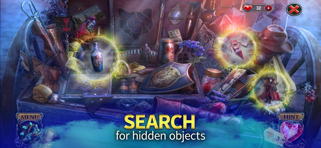 Kiss of the Night: F2P Mystery - Una escena de puzzle de objetos ocultos que muestra objetos misteriosos y resaltados brillantes en un cofre de madera.
