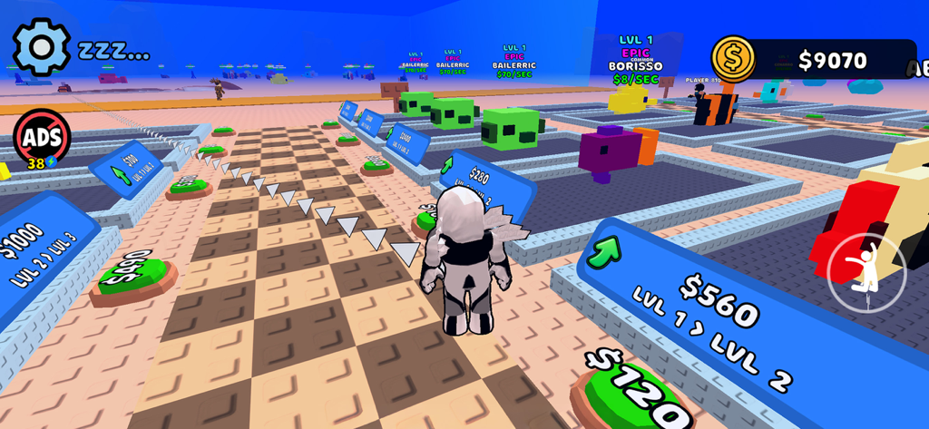 Fish it Game - Character standing in a 3D blocky fish simulator game with upgrade buttons and currency display