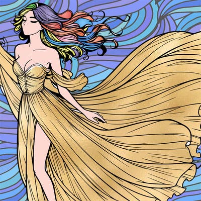 realistic woman in dress flowing the the wind