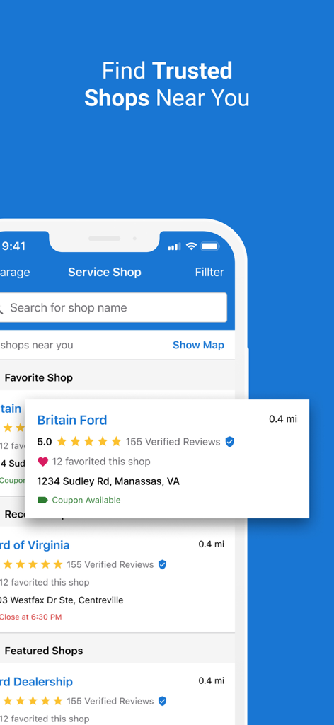 CARFAX Car Care - CARFAX Car Care app interface showing a list of trusted local auto repair shops with verified ratings and reviews.