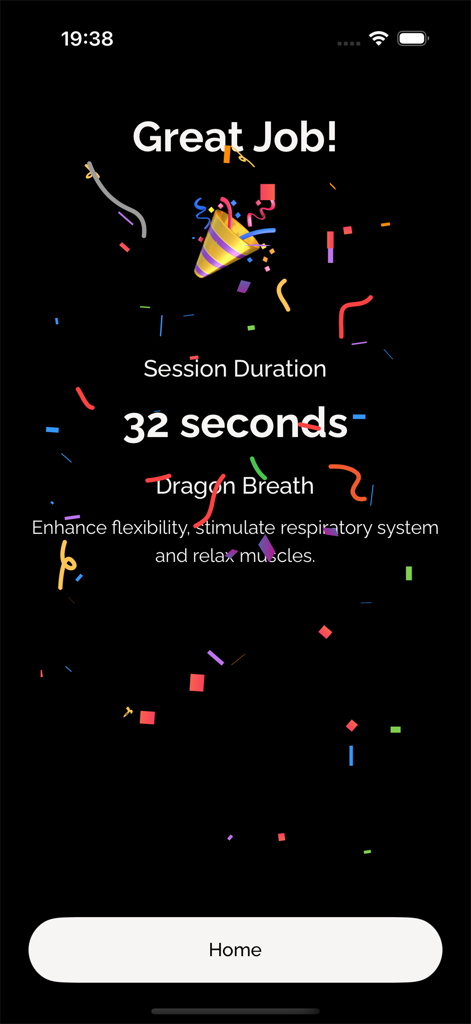 VitaBreath - VitaBreath app completion screen showing thirty two seconds of Dragon Breath exercise finished with celebration confetti.
