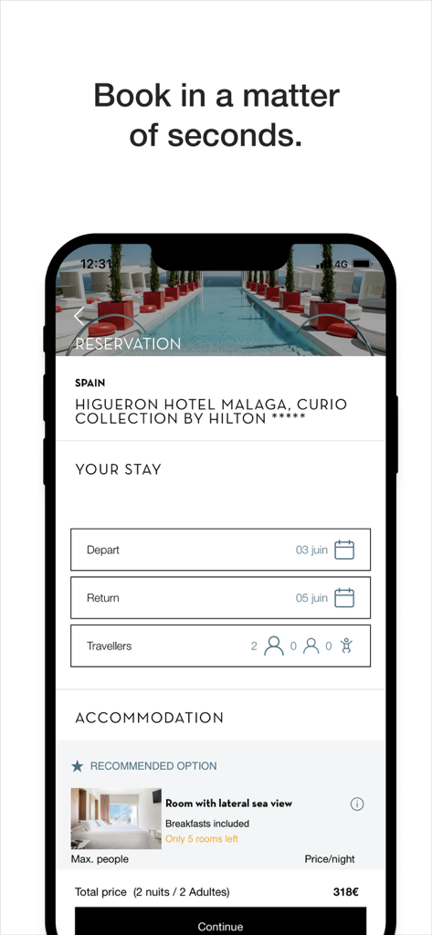 VeryChic: Book Hotel & Flight - VeryChic app interface showing luxury hotel reservation details in Spain