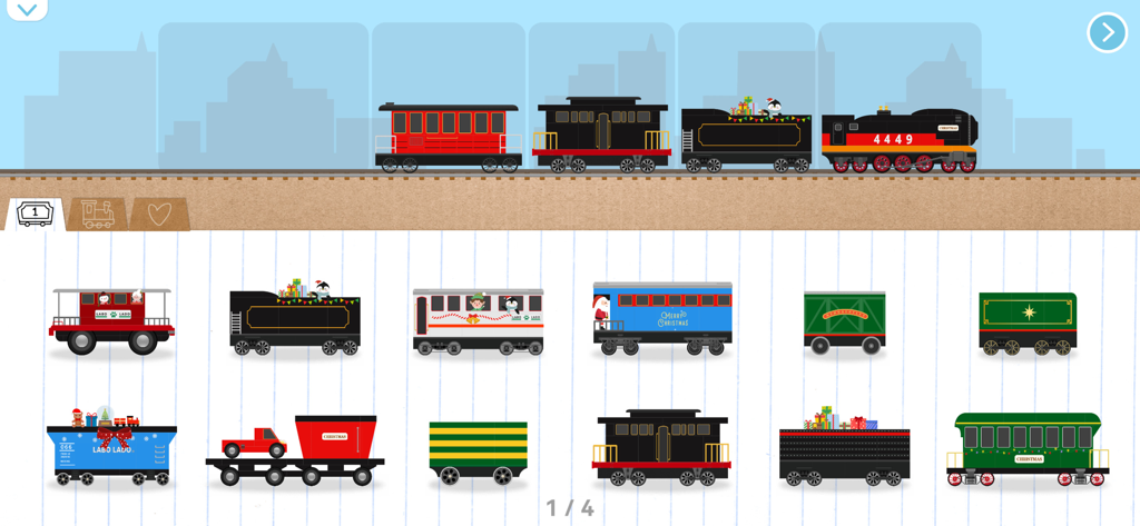 Labo Christmas Train:Kids Game - A menu in a kids game showing various colorful Christmas-themed train cars and locomotives for building a train.