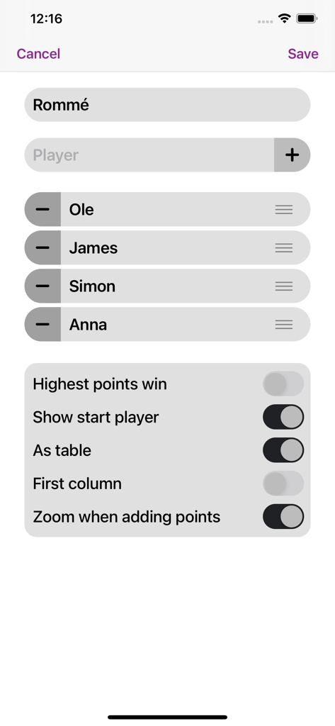 Games Block - Interface pour configurer une partie de Romme avec plusieurs joueurs dans l'application Block de Jeux.