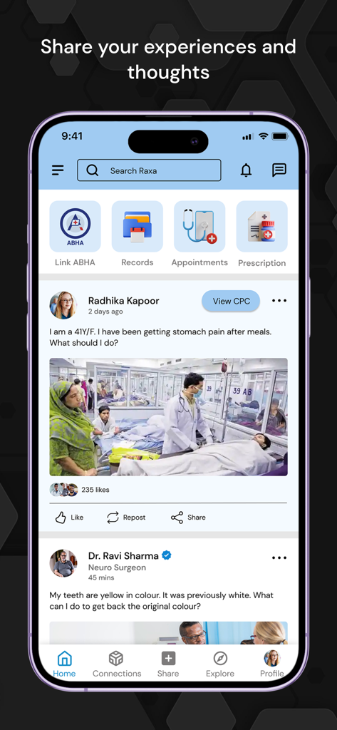 Screenshot der Raxa-App, der einen sozialen Feed für Gesundheitserlebnisse, medizinische Unterlagen und Terminverwaltung zeigt.