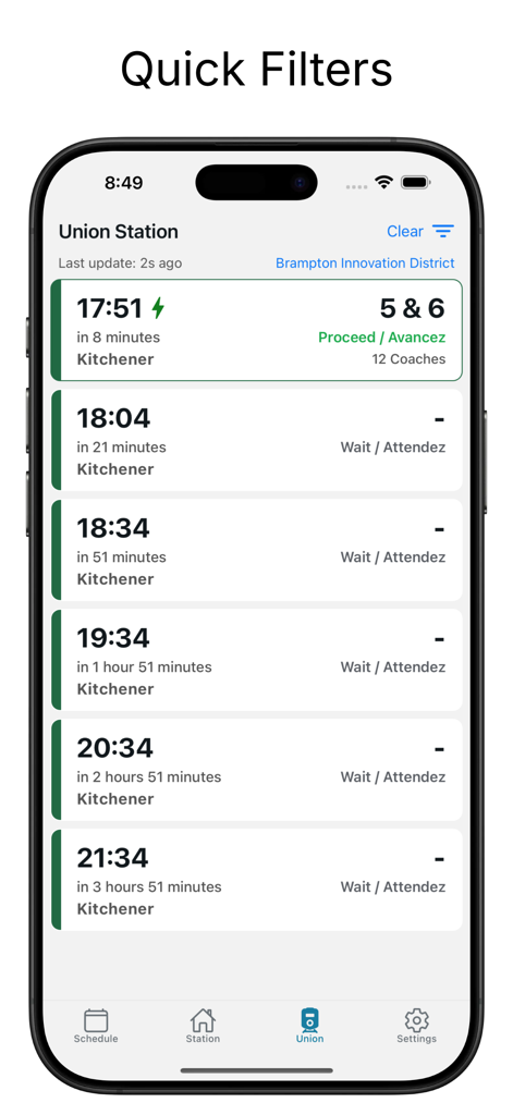 Go Train Track - Go Train Track app displaying real time Union Station train departures and platform info