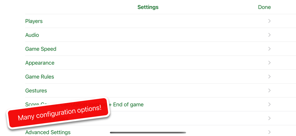 Scala 40 Online or Alone - Menu delle impostazioni dell'app del gioco di carte Scala 40 che mostra varie configurazioni di gioco e regole