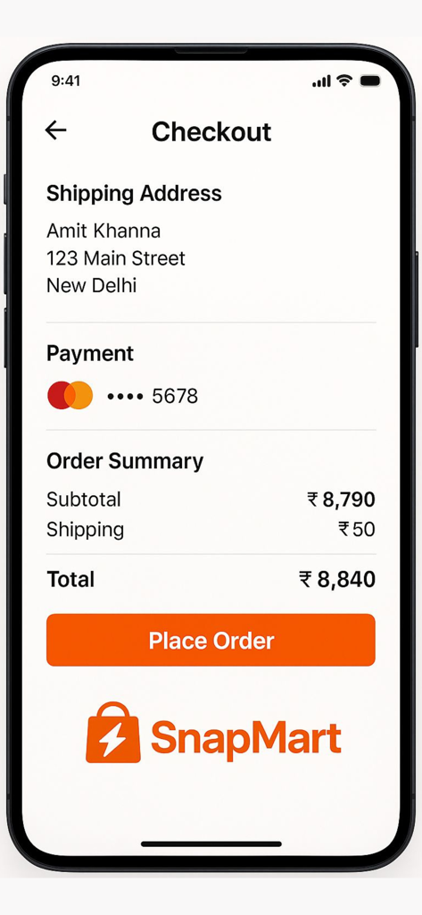 Snapmart - Online Shopping app - Snapmart app checkout screen showing shipping address payment method and total order summary